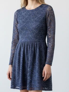 Free People Fit & Flare Lace Long Sleeve Dress - Navy